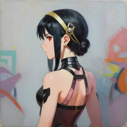 greg manchess portrait painting of yorha type a no. 2 as tracy from overwatch, back shot, asymmetrical, profile picture, organic painting, sunny day, matte painting, bold shapes, hard edges, street art, trending on artstation, by huang guangjian and gil elvgren and sachin teng
