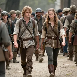 a scene of two fantasy adventurers walking through a crowd of people