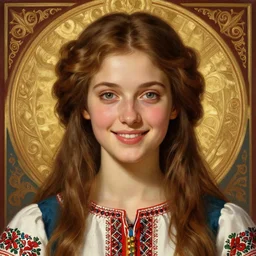 beautiful sasha grey feminine face in ukrainian national clothes! portrait of young woman blessed by god with ever - increasing physical and mental perfection, beautiful hair, symmetrical! intricate, elegant, highly detailed, vision of holy perfection!! smile, digital painting, artstation, concept art, smooth, sharp focus, illustration, art by artgerm and greg rutkowski and alphonse mucha