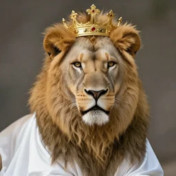 a lion wearing white robes and a gold crown, photorealistic, detailed, photoshoot, good lighting, coherent, 4 k, portrait,