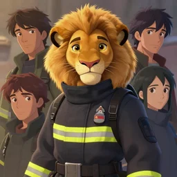 beautiful portrait of a female anthropomorphic lioness fursona wearing a firefighter uniform. character design by disney, charlie bowater, ross tran, artgerm, and makoto shinkai, detailed, soft lighting, rendered in octane