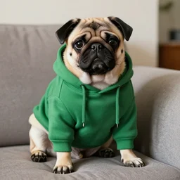 a Pug wearing a green hoodie sitting on a couch, photo realistic, trending on artstation, HDR, nicely detailed