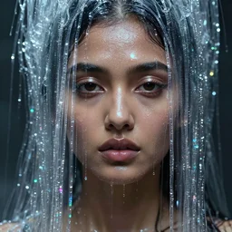 detailed face of a south asian woman, lush, opulent, light cascade, shimmer, utopian, tech noir, wet reflections, prism, atmospheric, ambient, pj crook, syd mead, livia prima, artgerm, greg rutkowski, nick alm, casey baugh