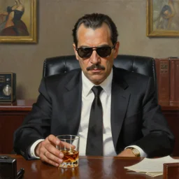 beautiful oil matte portrait painting : mafia boss * subject in the center *. holding a glass of whiskey. at 5 0 s new york office desk. wonderful masterpiece. highly detailed