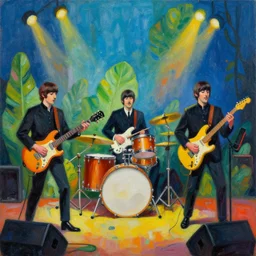 a painting of a concert by vegatables playing music of the Beatles in the style of artist James Jean
