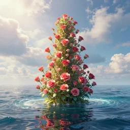 a beautiful insanely realistic bioremediation plant in the middle of the ocean, beautyfull tower with rosebuds, reflexions, colorfull, octane render, redshift, hdr, volumetric light, clouds, sunrays, trending on artstation, insanely detailed, masterpiece
