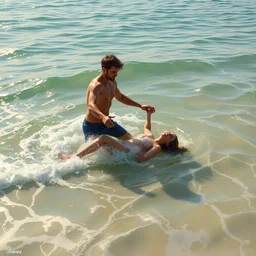 a man saving a woman from drowning on the beach, james gurney, artstation - n 4