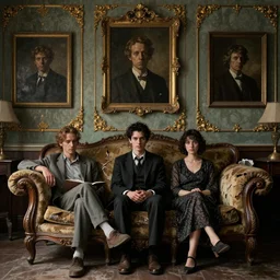 a group of people sitting on an old broken antique couch in an old room with paintings, arkham horror, very detailed, lovecraft, gold ornaments on the walls,, ultrarealistic, dramatic lighting, electrical details, high details, 4 k, 8 k, best, accurate, trending on artstation, artstation, photorealism,