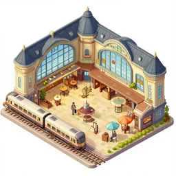 detailed details isometric colorfull building interior, train station, with train, and railway, fantasy, in the style of alex ross and moebius