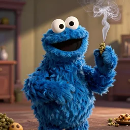 Cookie Monster Muppet on Sesame Street smoking weed, happy