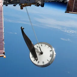 photo of a torsion pendulum clock floating inside the international space station. highly - detailed, fish - eye lens, award - winning