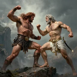 Hercules clashing Perseus next to a cliff, artwork by Stefan Kopinski and  Guillem H. Pongiluppi, photo realistic, atmospheric lighting, HDR, high detail