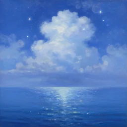 View of a calm puffy blue morning sky, beautiful sky, effervescence ocean, bokeh, stars, holographic, astral, cosmic, illustration, by Pablo Amaringo, oil painting by Thomas Kinkade, trending on Artstation, detailed, seascape, ethereal, noctilucent, wallpaper, soft, 4k