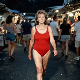 color outdoor photograph portrait of a mature woman in red swimsuit walking on the market district, many people, night, summer, dramatic lighting, 1 9 9 0 photo from live magazine.