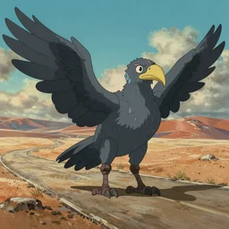 a study of cell shaded cartoon of a grey mechanized vulture from howl's moving castle ( 2 0 0 4 ) on a desert road, full body, wide shot, very muted colors, post grunge, studio ghibli, laurie greasley, highly detailed, deviantart, art by artgem