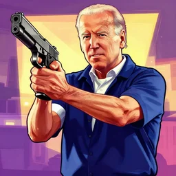 illustration gta 5 artwork of joe biden holding a gun, in the style of gta cover art, by stephen bliss