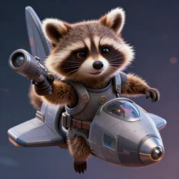 closeup portrait, furry rocket the raccoon piloting a space ship from guardians of the galaxy, wearing mass effect armor, holding a rocket launcher, soft volumetric lighting, cinematic, confident action pose, octane, 8 k, photorealism!!