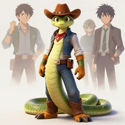 full body portrait of a male anthropomorphic rattlesnake fursona cowboy. detailed character design by disney, charlie bowater, ross tran, artgerm, and makoto shinkai, detailed, soft lighting, rendered in octane