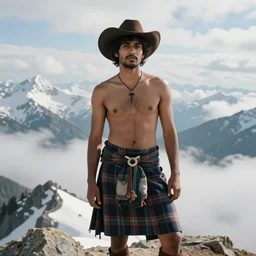 a portrait of a shirtless desi hiker on a mountain peak | he is wearing a cowboy hat and a revealing tartan kilt | background is snowy mountains and clouds | homoerotic, detailed face, ethereal, dreamlike | by greg rutkowski and albert bierstadt and bill ward | trending on artstation