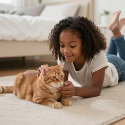 a cute black girl laying on the ground of her bedroom, playing with her nice red cat, photo, day light, 8k