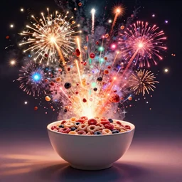 a bowl of cereal exploding in a shower of multicolored fireworks