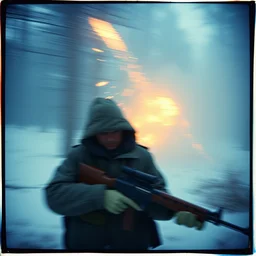kodak portra 4 0 0, wetplate, muted colours, blueberry, 1 9 3 0 s style, motion blur, portrait photo of a backdrop, explosions, rockets, bombs, sparkling, old forester, rifle, forest, snow, haze, fog, by georges melies and by britt marling