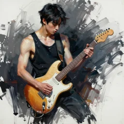 large diagonal brush strokes, abstract dark painting of a young korean male musician wearing black tank top holding a telecaster!!! electric guitar!! in a dark room, white background, thick flowing dramatic brush strokes, matte colors, abstract, impressionist, motion, trending on artstation