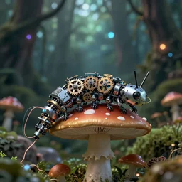12mm intricate mechanical caterpillar with visible gears and electronics and optic Fibres sitting on top of a mushroom in a magical forest. Very detailed 8k. Fantasy cyberpunk horror. Sharp. Cinematic post-processing