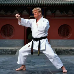 Donald Trump practicing karate at the Shaolin temple, photorealistic, studio lighting, photographed in the style of Annie Leibovitz