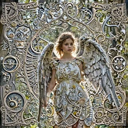 Beautiful angel teenager, Looks like Christina Ricci, In the woods, Dramatic, Edge, Good, Infused, Backlight, De-Noise, VFX, insanely detailed and intricate, hypermaximalist, elegant, ornate, hyper realistic, super detailed, by Anthony Van Dyck, by Ivan Shishkin, by John Constable