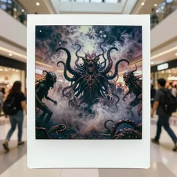 evil eldritch smoke and tendril monsters in a shopping mall. terrified people running and screaming. 8 0's polaroid. vivid colour. photorealistic. highly detailed
