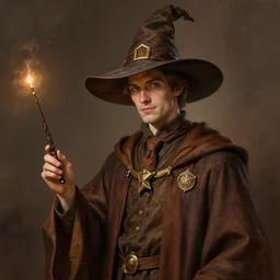 an anthropomorphic beautiful male scientist portrait holding magic wand wearing brown robe, wizard hat, fine art, award winning, brown colour scheme, intricate, elegant, sharp focus, octane render, hyperrealistic, wizard hat cinematic lighting, highly detailed, digital painting, 8 k concept art, art by jamie hewlett and z. w. gu, masterpiece, trending on artstation, 8 k