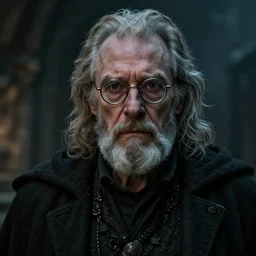Ian McKellen with grey goatee and and glasses, as a sad, frightened alchemist, highly detailed, dramatic, fantasy concept art by Kerem Beyi