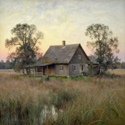 A house in a marsh, beautiful lighting, Mihaly Munkacsy,