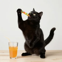 photorealistic black cat drinking juice and eating candy while dancing