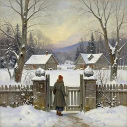The gateway into winter, cottagecore, by Simon Stålenhag and Albert Bierstadt, oil on canvas