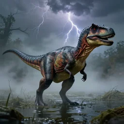 velociraptor, in swamp, surrounded by fog, midjourney, in style frazetta, turok dinosar hunter, 8 5 mm lens, storm lightning
