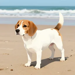 white beagle dog with brown head and one spot on beach, concept art, In the art style of Henderson, Steve