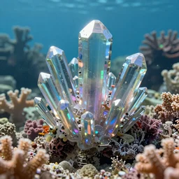 A beautiful, hyperrealistic ultradetailed 3d render of an underwater coral reef made of iridescent crystals by stephen martiniere and Antonio Manzanedo, 8k, high detail, 3d render, vray, raytracing, unreal engine, volumetric lighting, ultrawide angle, featured on artstation, a diamond, transparent crystals, gems, cubic minerals, cubic crystals, colorful crystals, iridescent, epic scale