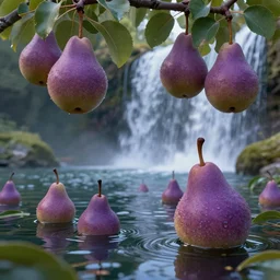 close up of low hanging purple pears over a pond, waterfalls, by james gurney, low angle shot, concept art, intricate, hyper detailed, volumetric lighting, sharp focus, octane render, trending on artstation, 8 k
