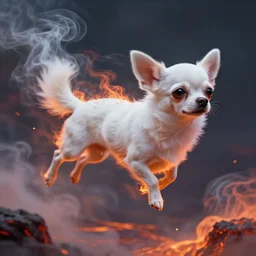 white chihuahua made of smoke, lava and fire flying in the sky ; white chihuahua flying in the sky ; white chihuahua flying in the sky ; dmt entity ; lsd art, trending on artstation, style greg rutkowski