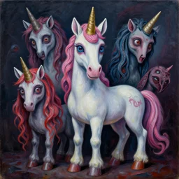 intricate five creepy unicorn by pablo picasso, oil on canvas, hdr, high detail, photo realistic, hyperrealism, matte finish, high contrast, 3 d depth, centered, masterpiece, vivid and vibrant colors, enhanced light effect, enhanced eye detail, artstationhd