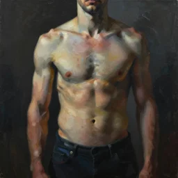 abstract flowing brush strokes of the outline of the closeup torso of athletic man posing dramatically with no face in the center of the frame, by conrad roset, dark background, painting trending on artstation