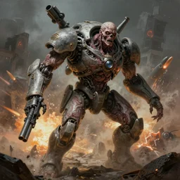 hyper realistic sci - fi matte concept art painting of dramatic cinematic scene of humanoid zombie - flesh - battlemech, guns, missiles, explosions, beautiful details, strong composition painted by kim jung guweta studio rutkowski, james gurney and greg rutkowski, and lucasfilm, smooth, intricate, detailed, sharp focus, cinematic