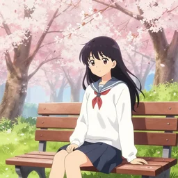 anime drawing, anime girl sitting on a bench with blooming cherry trees in the background