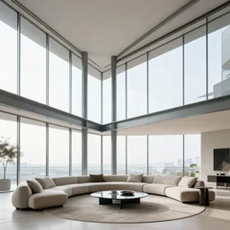 living room designed by zaha hadid with floor to ceiling windows, double height ceiling, metal support beams, minimalist interior design, modern architecture, photography