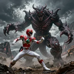 digital art of a gigantic Power Ranger fighting a horrific monster, horror art, beksinski, detailed textures and lighting, storm in the background, mountains, action pose, high detail character models, detailed mountains, epic fight, movie quality battle, full view