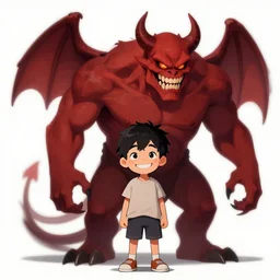 kid smiling deviously with a giant demon standing next to him, digital art, trending on artstation