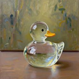 a glass duck in front of an oil painting