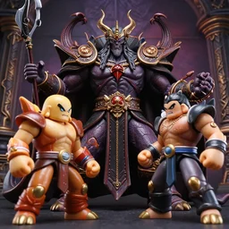 a hyperrealistic rendering of an epic boss fight against an ornate supreme dark overlord by art of skinner and richard corben, product photography, collectible action figure, sofubi